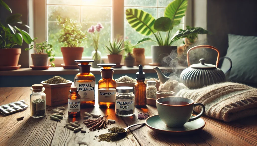 How to Tackle Stress and Depression Naturally: Can Herbal Remedies and Holistic Supplements Support Mental Wellness? 1 Wooden table with herbal supplements, essential oils, and loose-leaf teas near a sunlit window, depicting natural remedies for mental wellness.