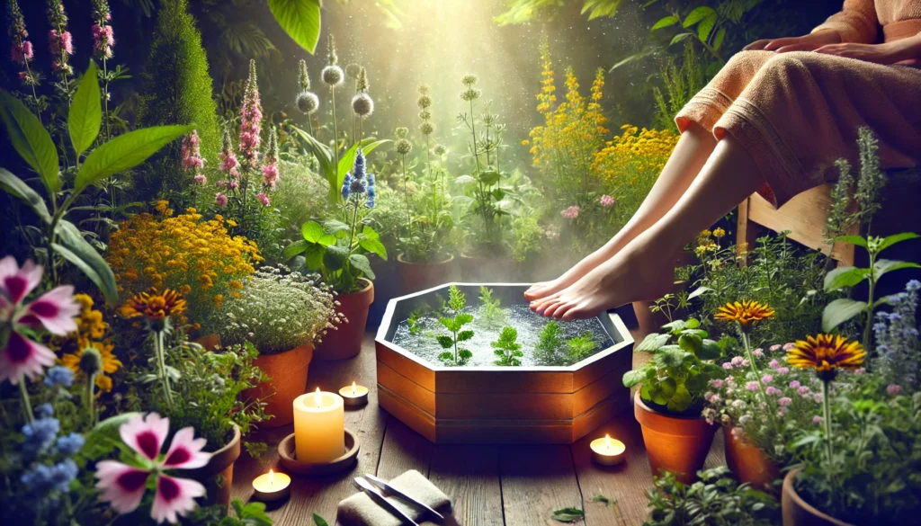 How to Tackle Stress and Depression Naturally: Can Herbal Remedies and Holistic Supplements Support Mental Wellness? 2 Woman soaking her feet in an herbal foot bath in a spa garden with blooming lemon balm, St. John's wort, and a calming water feature.