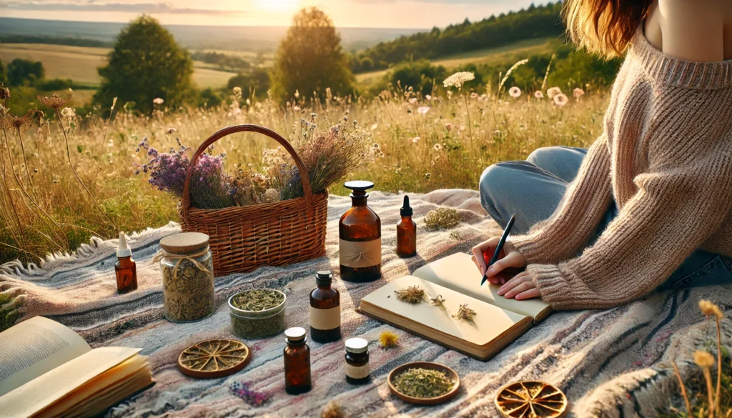 How to Tackle Stress and Depression Naturally: Can Herbal Remedies and Holistic Supplements Support Mental Wellness? 3 Person journaling on a picnic blanket outdoors with a basket of natural supplements and dried herbs, set against a peaceful nature backdrop.