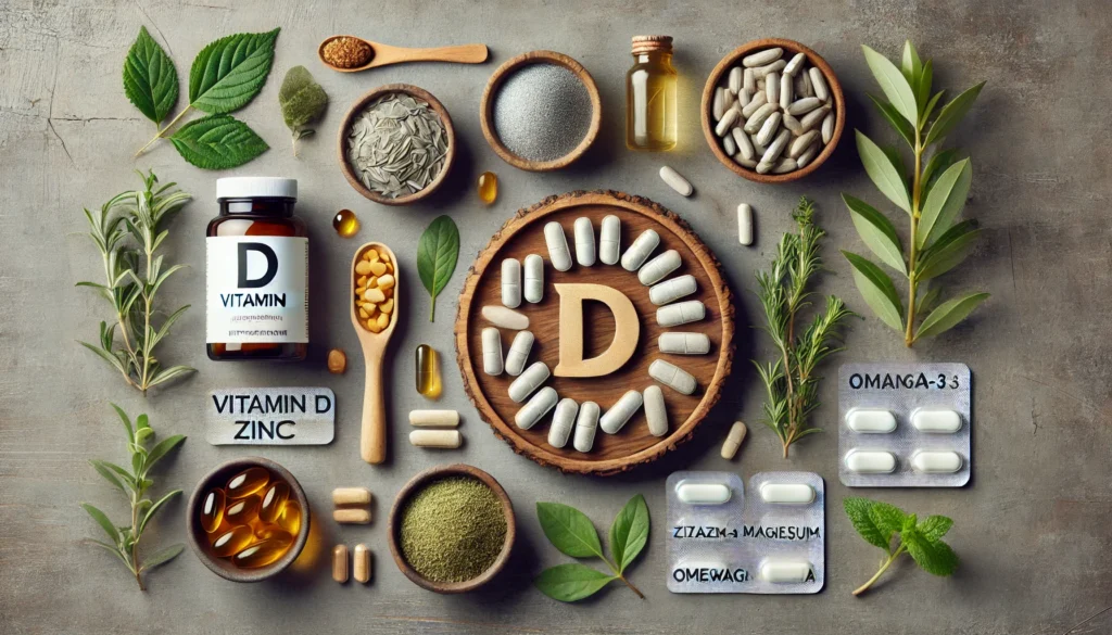 A masculine arrangement of key vitamins and herbs such as vitamin D, zinc, magnesium, omega-3, and ashwagandha on wood, symbolizing strength and vitality.