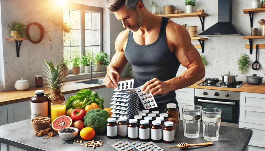 A fit middle-aged man in a bright kitchen sorting daily supplements alongside herbal extracts and whole foods, representing balanced wellness routines for men.