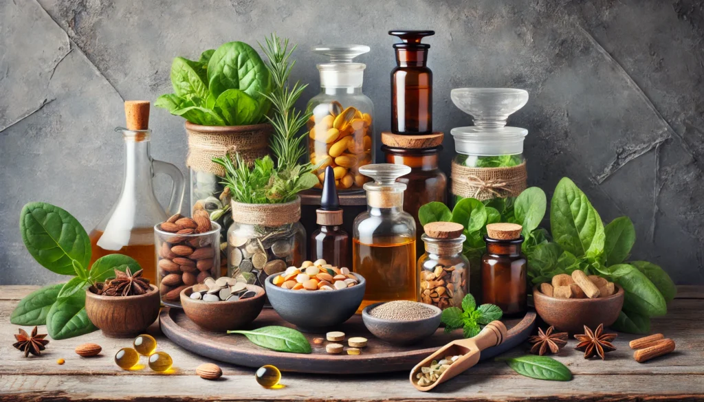 A natural apothecary arrangement of men’s supplements in glass jars and bowls, including omega-3, magnesium, and herbal tinctures, symbolizing holistic strength and vitality.