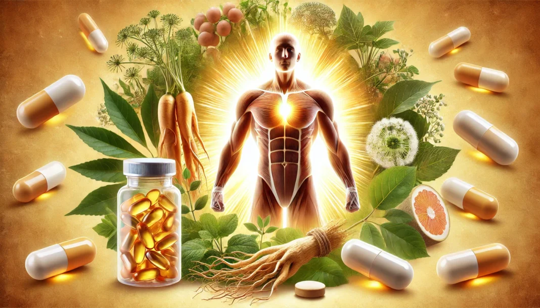 A symbolic glowing male figure surrounded by ginseng root, fish oil, and leafy greens, visually conveying the core benefits of natural supplements for hormonal support and well-being.