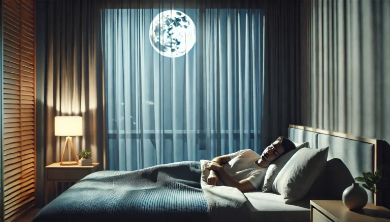 A peaceful bedroom illuminated by soft moonlight, showing a person sleeping calmly on a cozy bed with cool blue tones evoking natural stress relief and restful sleep.