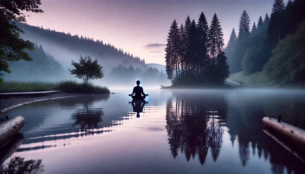 A tranquil lakeside scene at dusk with a person meditating near calm water, surrounded by soft fog and trees, symbolizing natural relaxation and inner calm.