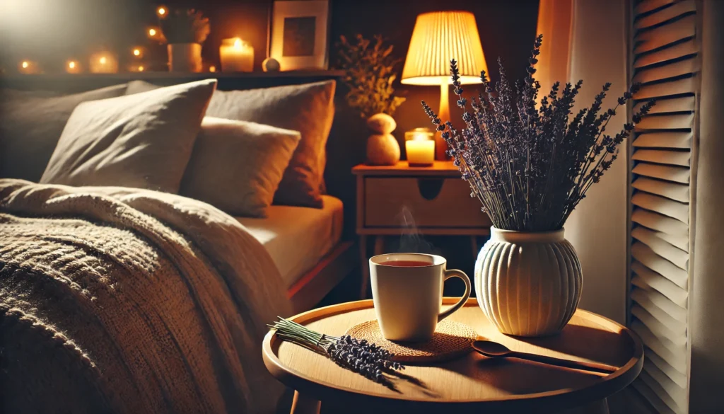 A cozy indoor setting with a warm cup of tea, a lavender plant, and soft lighting by a bedside, representing a soothing nighttime ritual that promotes sleep and relaxation.
