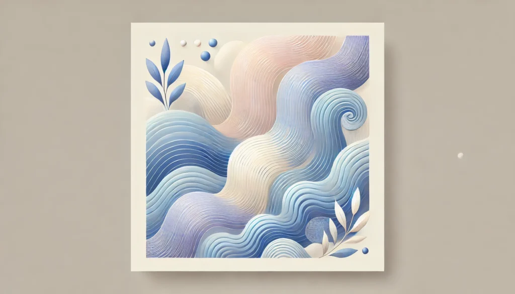 An abstract composition of flowing pastel waves in blue, lavender, and cream, visually representing calmness, peace, and natural support for restful sleep.