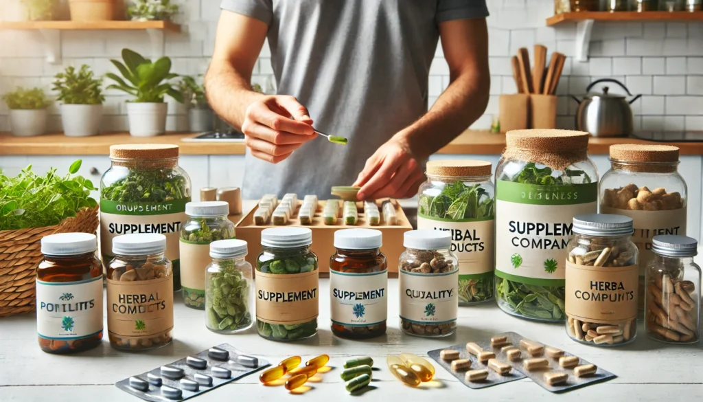 A person reading a supplement label in a bright kitchen surrounded by natural capsules and herbal containers, reflecting a thoughtful, informed approach to choosing quality supplements.