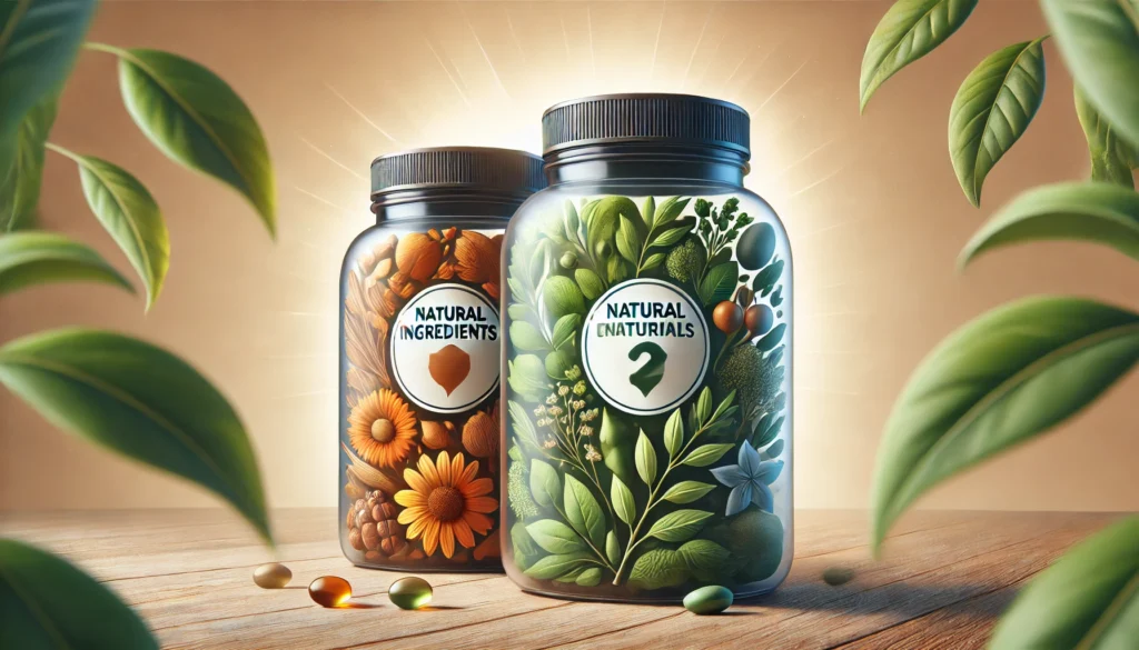 Two supplement jars on a natural background, one vibrant with whole ingredients, the other unclear, symbolizing the evaluation of quality and sourcing.