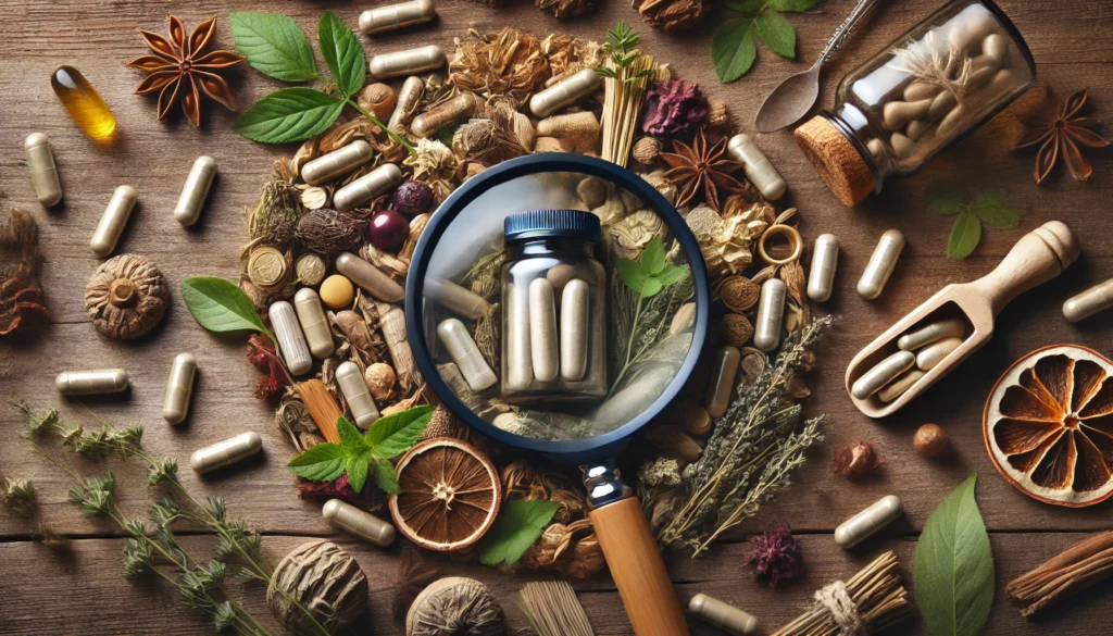 A conceptual layout with a magnifying glass over a supplement jar, surrounded by capsules and fresh herbs, representing ingredient transparency and brand scrutiny.