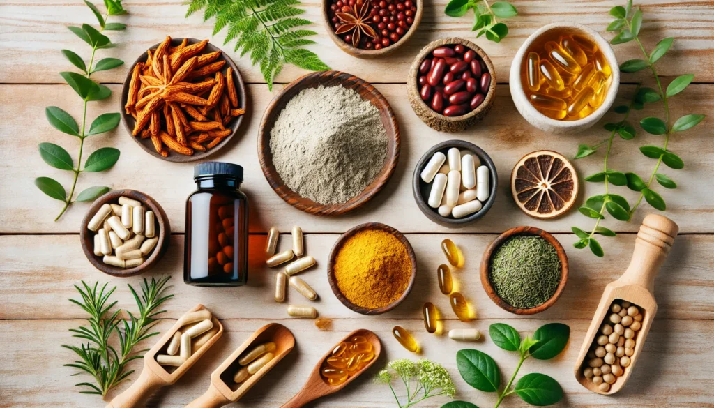 A clean arrangement of ashwagandha, zinc, omega-3 fish oil, ginseng, and maca root on a wooden surface with herbs, symbolizing holistic male wellness support.