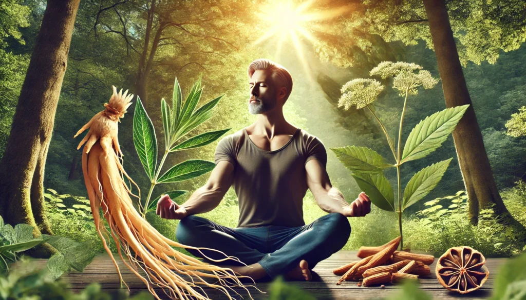 A peaceful moment of a man stretching or meditating in nature, surrounded subtly by herbs like ginseng and ashwagandha, representing physical and emotional health through natural means.