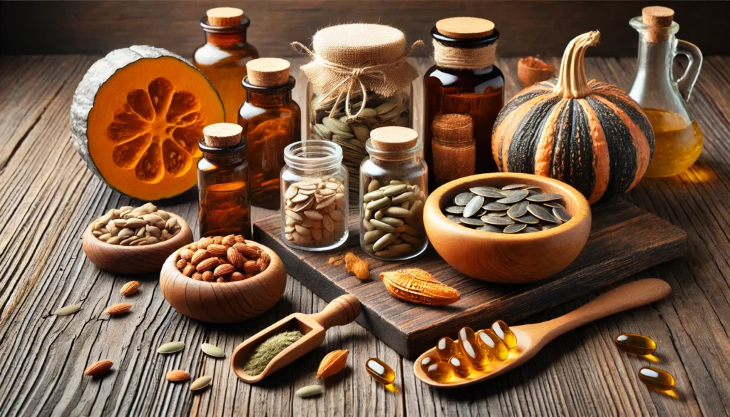 An earthy apothecary setup featuring tribulus terrestris, pumpkin seeds, maca root, and omega-3 capsules in glass jars and bowls, emphasizing strength and balance for men’s vitality.