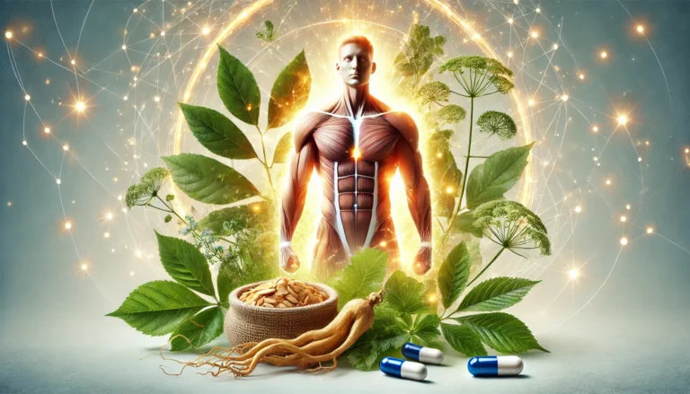 A glowing male figure surrounded by herbal elements and energy lines, visually expressing vitality, hormone support, and balance through nature.