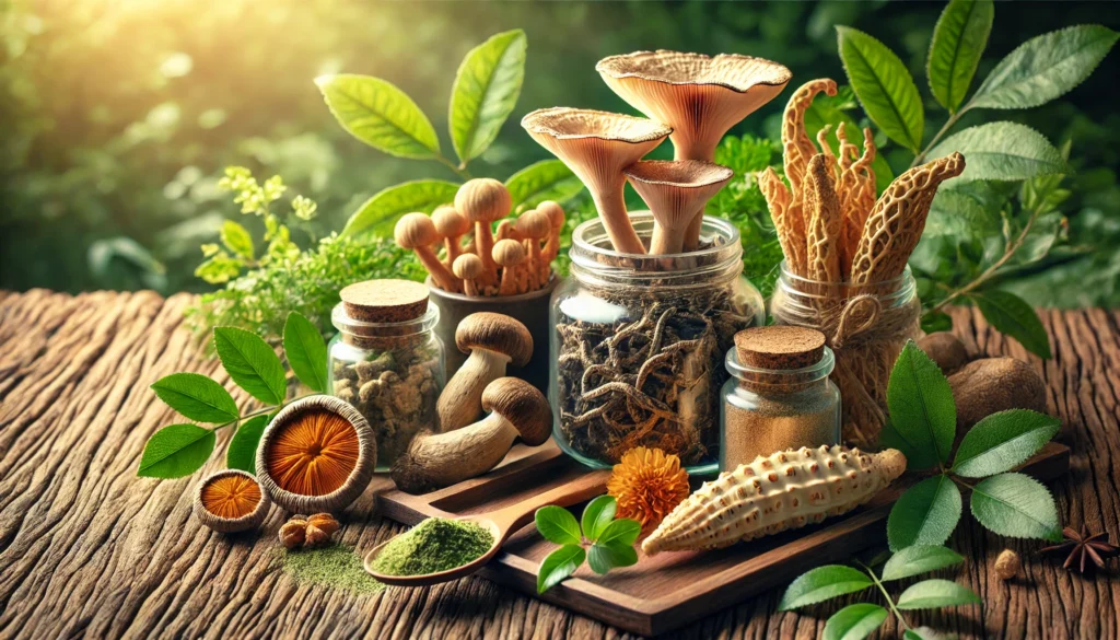 Medicinal mushrooms including cordyceps, turkey tail, and maitake, displayed with herbal powders in glass jars. The setup features fresh and dried mushrooms on a wooden surface with green foliage in the background, highlighting natural wellness and organic health benefits