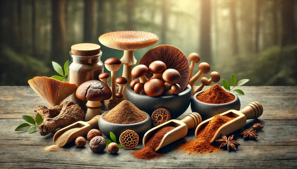 Premium adaptogenic mushroom supplements including reishi, lion's mane, and chaga. The composition features whole mushrooms, powdered extracts in small bowls, and wooden scoops, set in a nature-inspired setting with soft natural lighting and a blurred forest backdrop.