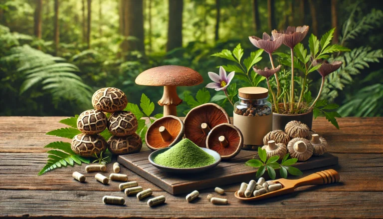 Organic mushroom supplements featuring dried shiitake, maitake, and cordyceps mushrooms. A rustic wooden table holds herbal powders, capsules, and fresh mushrooms, with a serene green forest background highlighting natural health benefits.