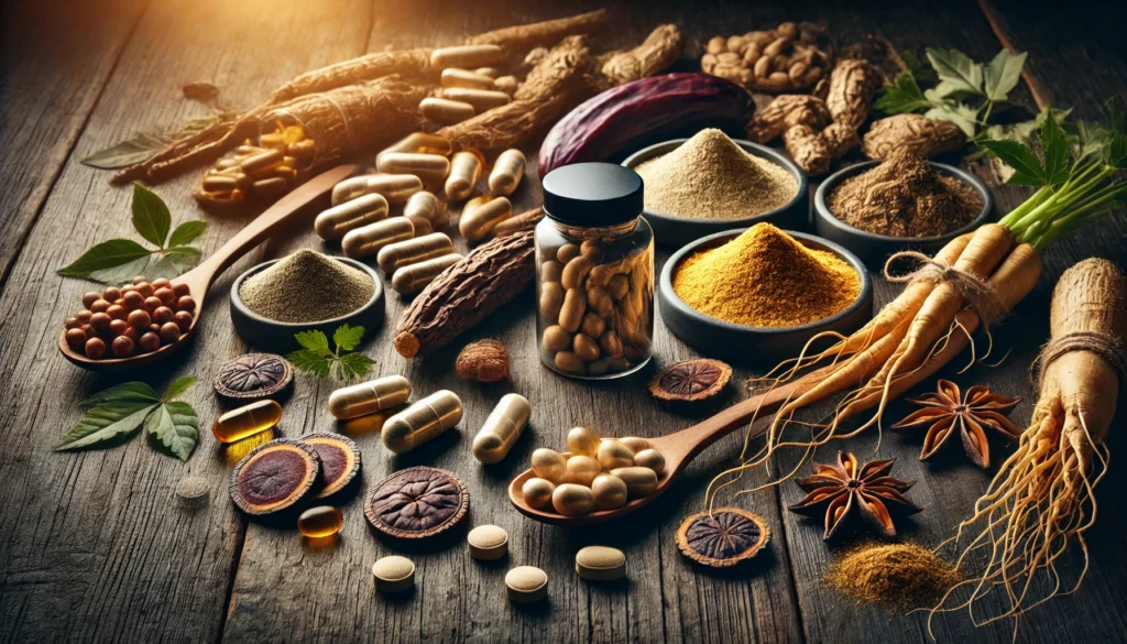 Organic male enhancement supplements featuring ginseng, tongkat ali, and fenugreek. The composition includes herbal capsules, powdered extracts, and dried plant roots arranged on a dark wooden surface with warm, masculine lighting, symbolizing vitality and wellness.