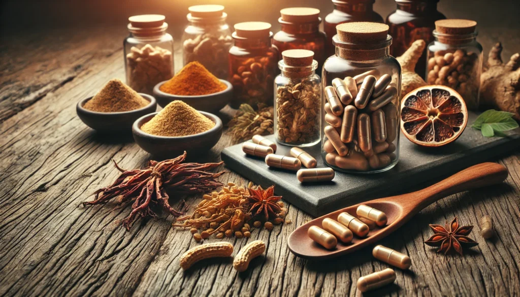 Organic male enhancement supplements featuring ginseng, tongkat ali, and fenugreek. The composition includes herbal capsules, powdered extracts, and dried plant roots arranged on a dark wooden surface with warm, masculine lighting, symbolizing vitality and wellness.