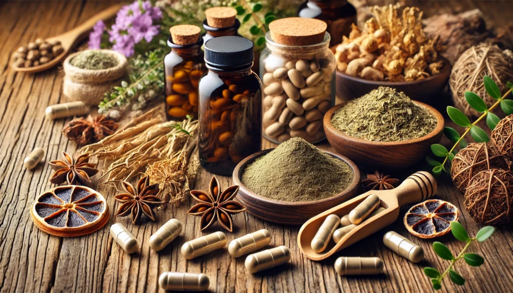 Organic male enhancement supplements featuring ginseng, tongkat ali, and fenugreek. The composition includes herbal capsules, powdered extracts, and dried plant roots arranged on a dark wooden surface with warm, masculine lighting, symbolizing vitality and wellness.