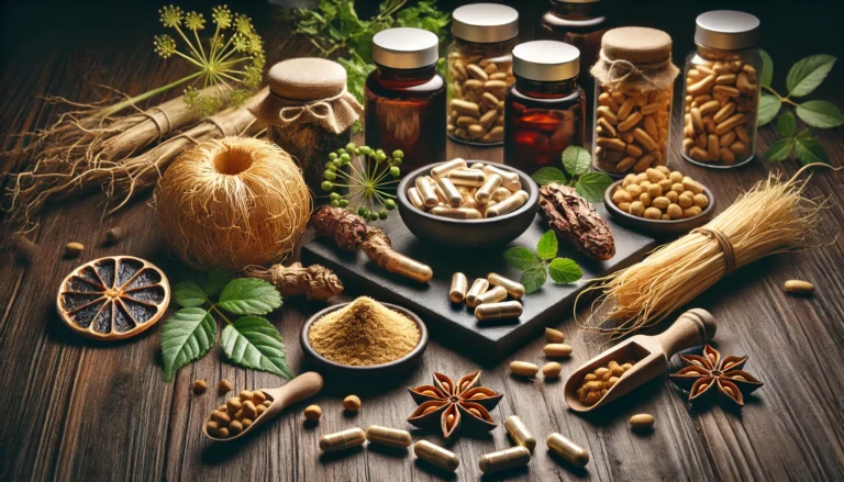 Organic male enhancement supplements featuring ginseng, tongkat ali, and fenugreek. The composition includes herbal capsules, powdered extracts, and dried plant roots arranged on a dark wooden surface with warm, masculine lighting, symbolizing vitality and wellness.