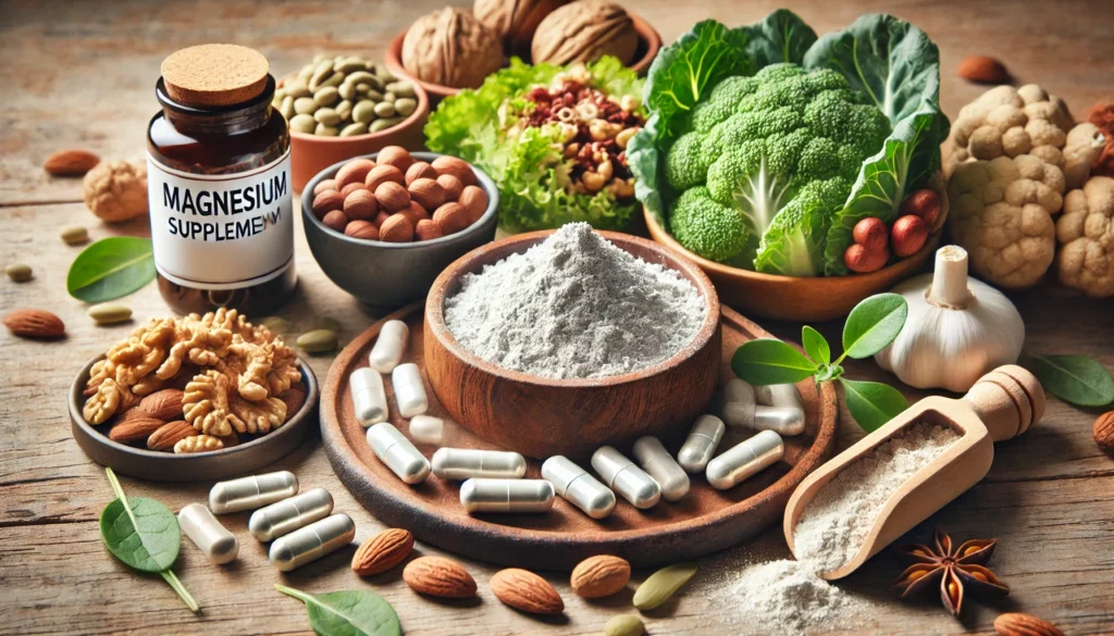 High-quality display of magnesium supplements and nutrient-rich foods, including magnesium capsules, powdered magnesium, dark chocolate, pumpkin seeds, and leafy greens, arranged aesthetically on a stone background with soft lighting for nerve and muscle health.