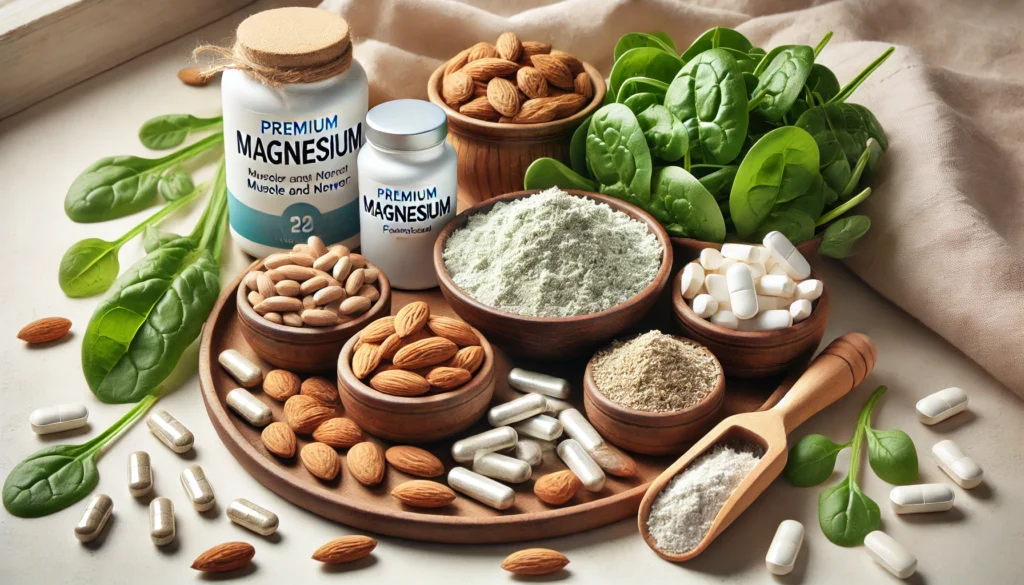 Natural wellness-themed composition featuring magnesium tablets, powdered supplements, bananas, avocados, and nuts displayed on a wooden surface with a calming, holistic background for optimal nerve and muscle function.
