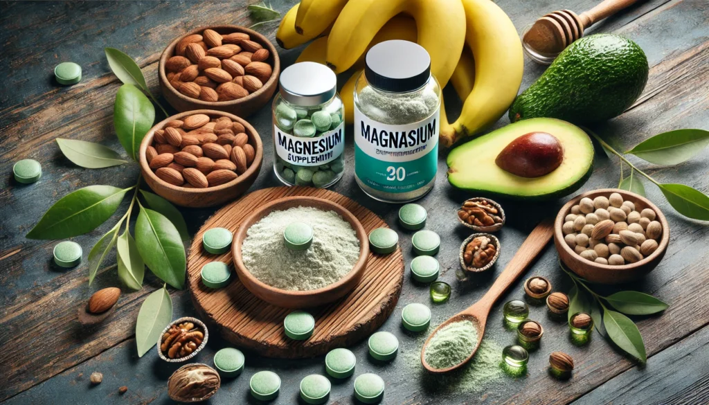 Natural wellness-themed composition featuring magnesium tablets, powdered supplements, bananas, avocados, and nuts displayed on a wooden surface with a calming, holistic background for optimal nerve and muscle function.