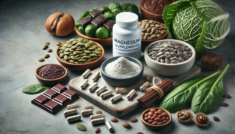 High-quality display of magnesium supplements and nutrient-rich foods, including magnesium capsules, powdered magnesium, dark chocolate, pumpkin seeds, and leafy greens, arranged aesthetically on a stone background with soft lighting for nerve and muscle health.