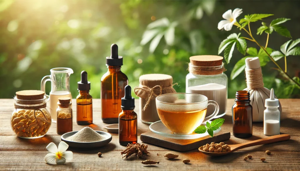 How to Choose the Best Brand for Magnesium Supplement: A Guide to Effective and Natural Magnesium Supplements for Calm and Wellness 1 A holistic wellness scene featuring botanical extracts in amber glass bottles, dried herbs in small bowls, a steaming cup of herbal tea, and a mortar and pestle on a wooden table with soft morning light.