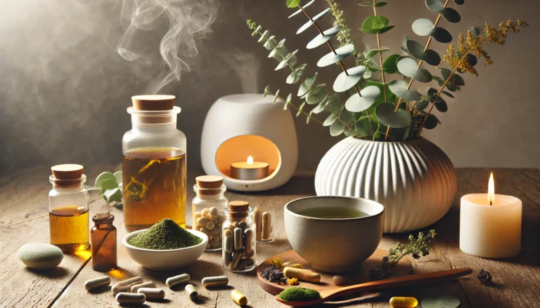 A spa-inspired wellness setup featuring a glass jar of herbal capsules, a steaming cup of green tea, eucalyptus leaves, a bowl of powdered adaptogens, and a mist-emitting diffuser with soft candlelight.