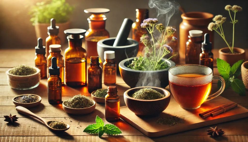 How to Choose the Best Brand for Magnesium Supplement: A Guide to Effective and Natural Magnesium Supplements for Calm and Wellness 2 A calming wellness arrangement with herbal extract dropper bottles, ashwagandha roots, chamomile tea, and a bowl of magnesium powder on a wooden surface, with a softly blurred green foliage background.