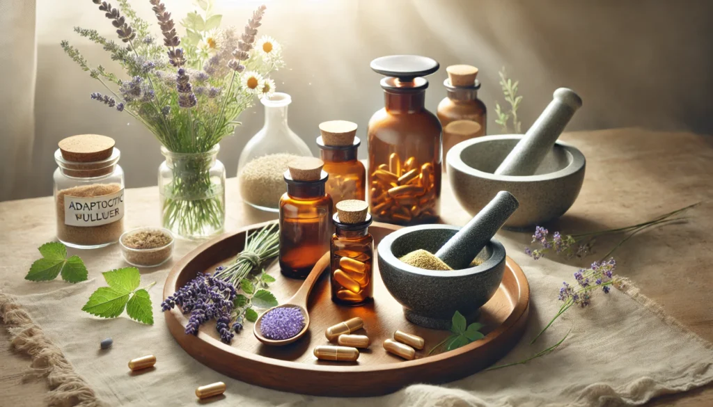 How to Choose the Best Brand for Magnesium Supplement: A Guide to Effective and Natural Magnesium Supplements for Calm and Wellness 3 A serene still life of natural wellness supplements, featuring amber glass bottles with herbal capsules, a bowl of adaptogenic powder, and a mortar and pestle with fresh lavender and chamomile, bathed in soft sunlight.