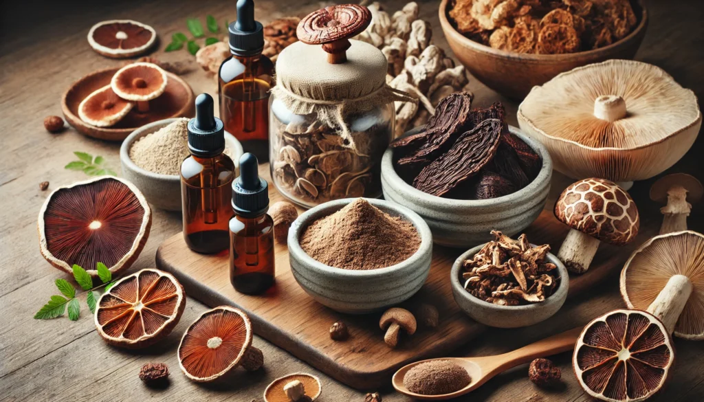 Exploring the Best Adaptogenic Mushrooms Supplements: Where to Find Adaptogen Mushrooms and Unlock Their Full Benefits for Stress and Resilience 3 A visually rich composition of adaptogenic mushroom supplements, featuring powdered chaga, turkey tail, and lion’s mane mushrooms in glass jars, with whole dried mushrooms and a steaming cup of mushroom-infused tea in soft candlelight.