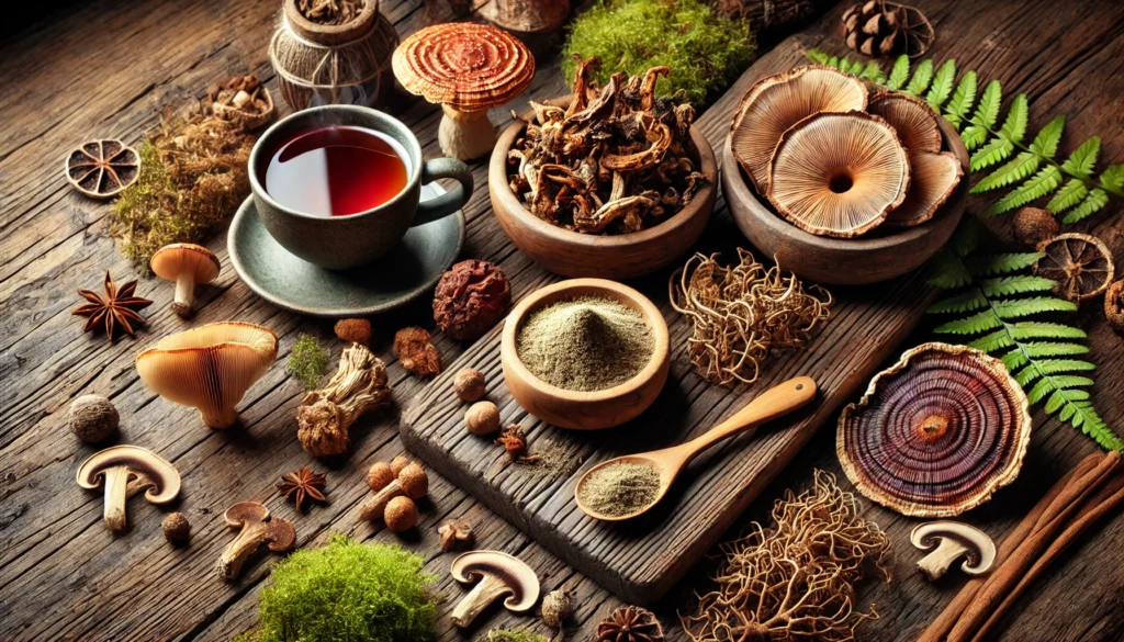 Exploring the Best Adaptogenic Mushrooms Supplements: Where to Find Adaptogen Mushrooms and Unlock Their Full Benefits for Stress and Resilience 2 A natural wellness setup featuring adaptogenic mushroom supplements, including powdered reishi, lion's mane, and chaga mushrooms in ceramic bowls, with whole dried mushrooms and amber glass dropper bottles on a wooden surface.