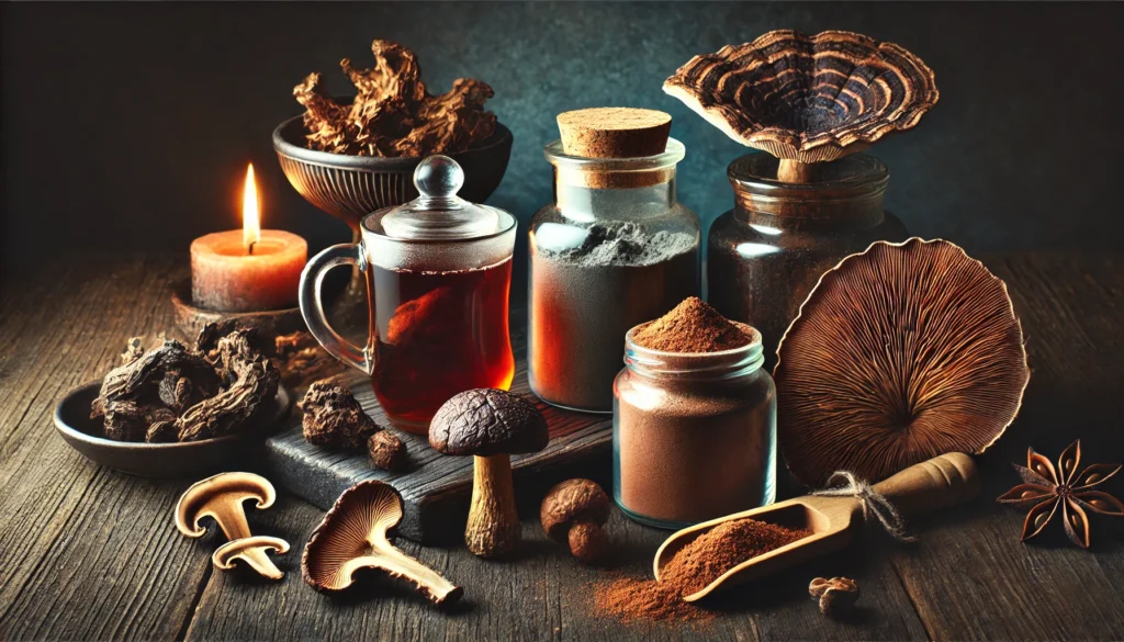 Exploring the Best Adaptogenic Mushrooms Supplements: Where to Find Adaptogen Mushrooms and Unlock Their Full Benefits for Stress and Resilience 1 An earthy and organic display of adaptogenic mushroom supplements, featuring dried reishi, lion’s mane, and cordyceps mushrooms, a steaming cup of mushroom tea, and a bowl of powdered mushrooms on a rustic wooden table with moss and pinecones.