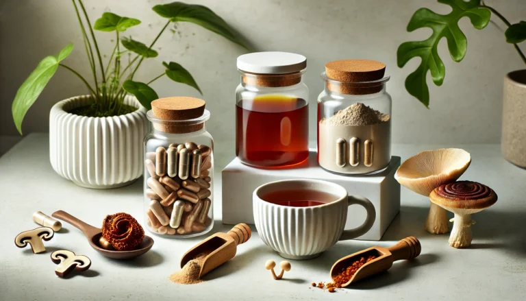 A clean and modern wellness arrangement featuring adaptogenic mushroom supplements, including capsules and powdered extracts of lion’s mane, reishi, and cordyceps mushrooms in glass containers, with a teacup and green plants in the background.