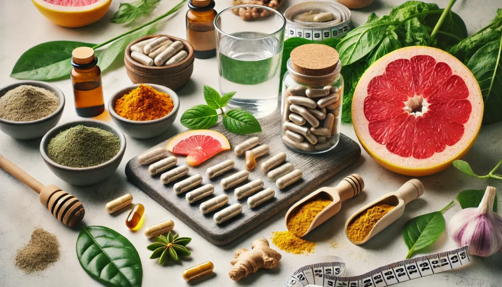 The Best Supplements for Weight Loss: Natural Vitamins, Herbs, and Products That Help Women and Men Burn Fat Safely 3 Flat lay of natural weight loss supplements including capsules, powders, green tea leaves, turmeric, and grapefruit on a kitchen counter with a glass of water and measuring tape.