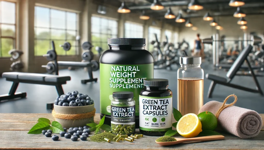 The Best Supplements for Weight Loss: Natural Vitamins, Herbs, and Products That Help Women and Men Burn Fat Safely 2 Gym bench scene with weight loss supplements like protein powders, fat burner capsules, and green tea extract arranged beside fresh fruits, with blurred fitness equipment in the background.