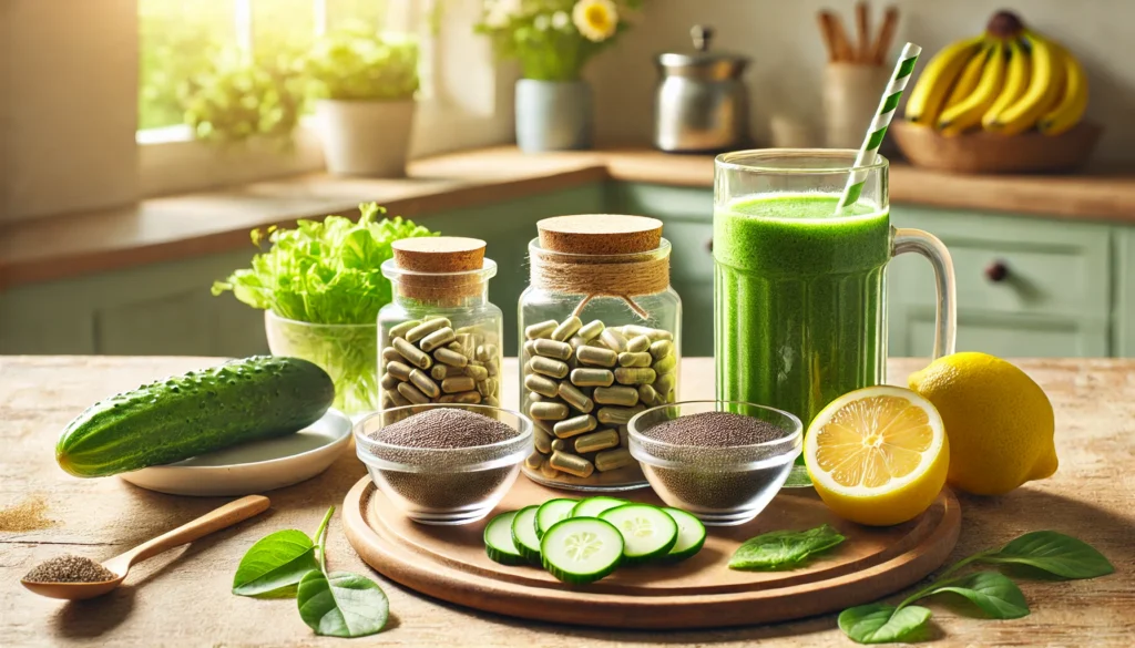 The Best Supplements for Weight Loss: Natural Vitamins, Herbs, and Products That Help Women and Men Burn Fat Safely 1 Serene wooden table with herbal supplements, chia seeds, matcha powder, lemon slices, and a green smoothie bathed in natural sunlight from a kitchen window.
