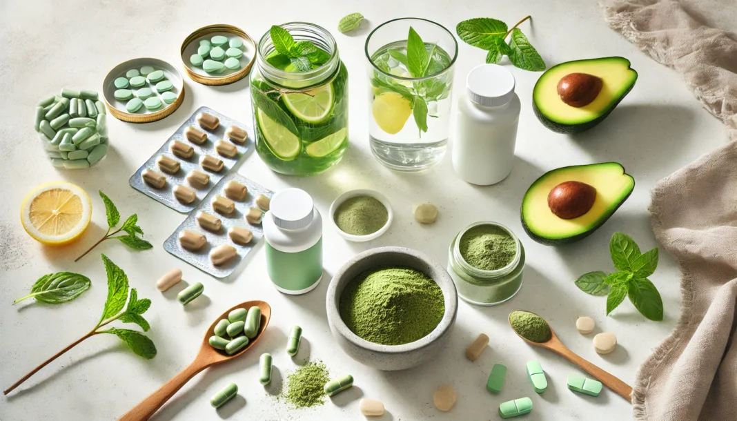 Minimalist wellness flat lay featuring softgel capsules, green powders, avocado slices, mint, and detox water with lemon and cucumber on a white marble surface.