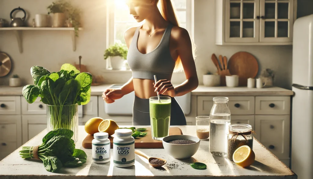 Natural Weight Loss for Women: Expert Strategies and Supplements That Support Safe and Lasting Results 2 Woman in fitness wear preparing a green smoothie in a sunlit kitchen with natural weight loss supplements, spinach, lemon, and chia seeds on the counter.
