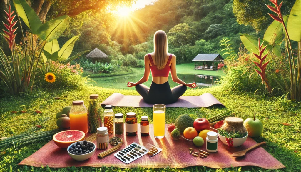 Natural Weight Loss for Women: Expert Strategies and Supplements That Support Safe and Lasting Results 3 Woman sitting on a yoga mat outdoors surrounded by natural weight loss foods and supplements including berries, green tea, and herbal capsules with a peaceful garden background.