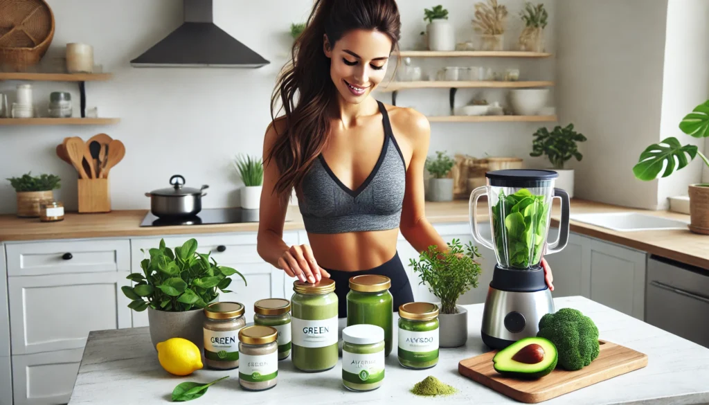 Natural Weight Loss for Women: Expert Strategies and Supplements That Support Safe and Lasting Results 1 Woman in activewear arranging natural weight loss supplements in a modern kitchen with jars of green powder, avocado, lemon, and a leafy green smoothie blender setup.