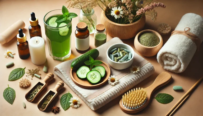 Spa-inspired flat lay featuring natural weight loss supplements, green detox juice, sliced cucumber, mint leaves, and dried flowers arranged on a towel with wooden wellness accessories.