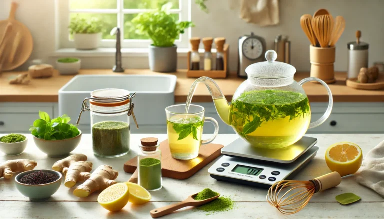 Flat lay of green tea types for weight loss including matcha, sencha leaves, green tea bags, and a steaming cup, with lemon, mint, and measuring tape on a wooden surface.