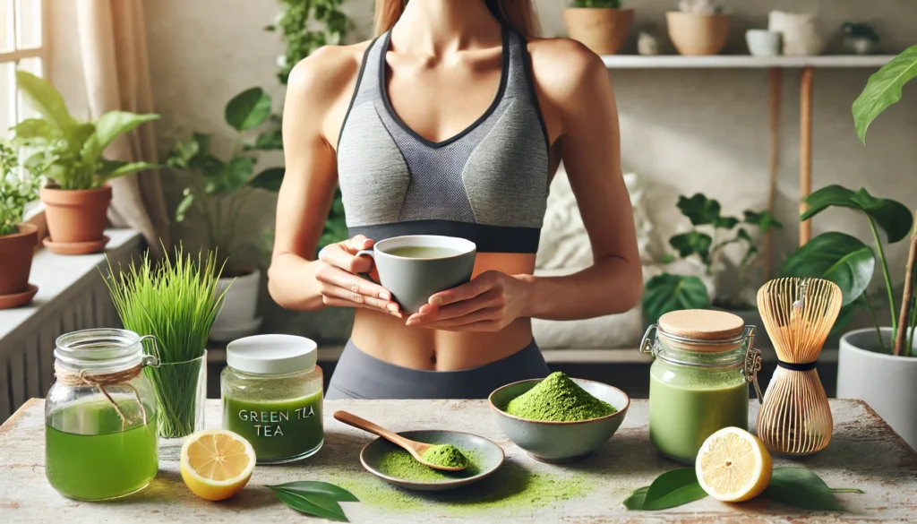 Woman in workout clothes holding a warm cup of green tea, with matcha powder, green tea leaves, and lemon on a table, surrounded by natural light and plants.
