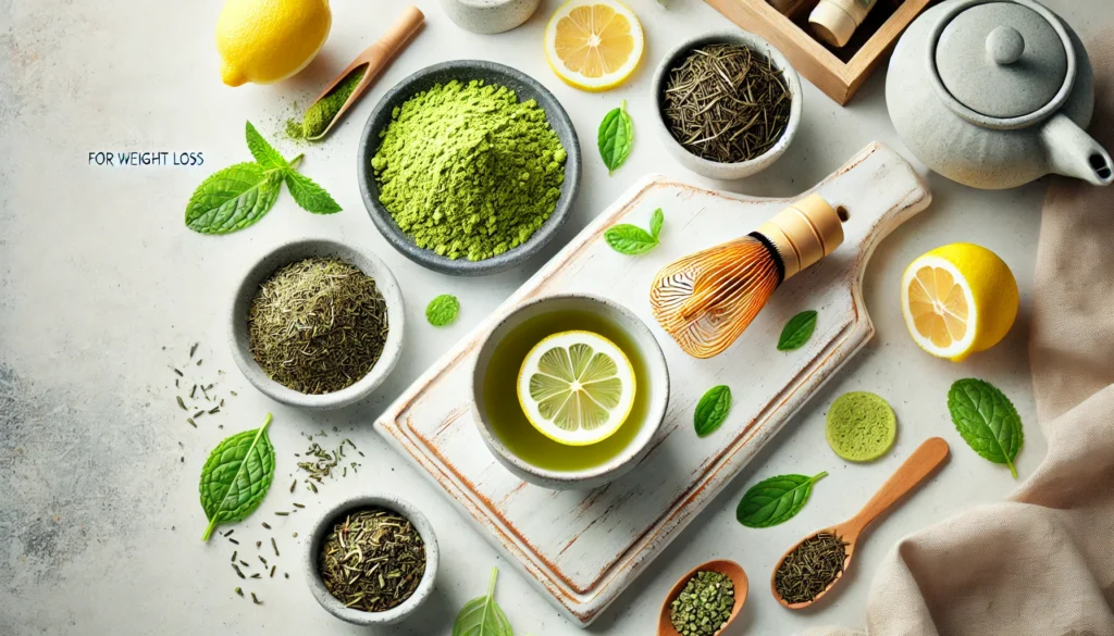 Flat lay of matcha, sencha, and brewed green tea on a white marble surface, with bamboo whisk, lemon slices, mint, and a light wooden tray in a clean, fresh setup.