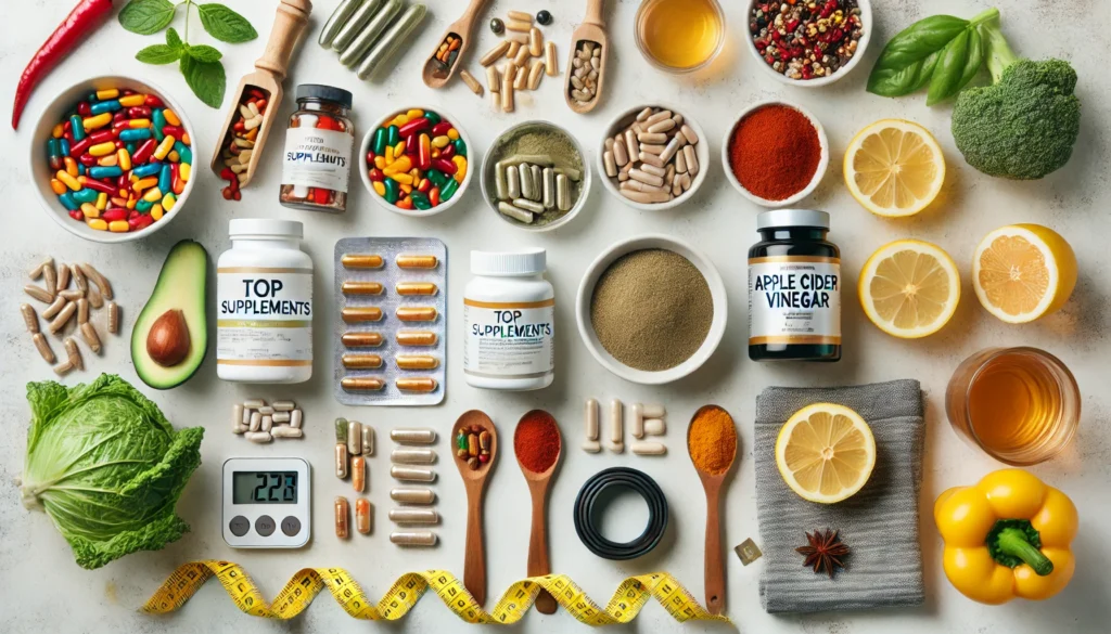 Top Vitamins and Supplements to Burn Belly Fat and Boost Metabolism Naturally 2 Gym bench scene with CLA capsules, L-carnitine powder, vitamin bottles, grapefruit slices, and a shaker bottle surrounded by soft-focus workout equipment like dumbbells.