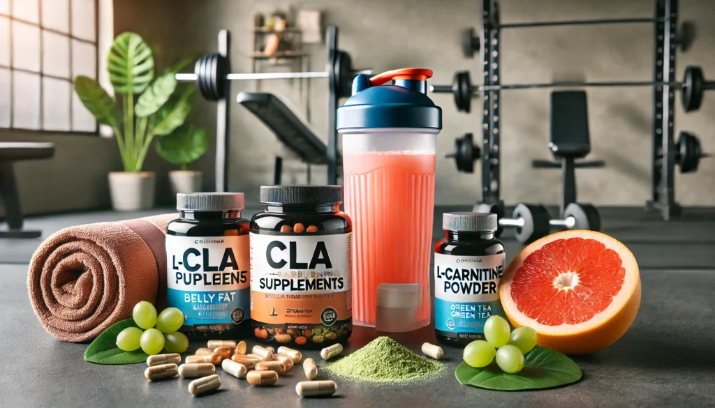 Top Vitamins and Supplements to Burn Belly Fat and Boost Metabolism Naturally 1 Flat lay of belly fat-burning vitamins and supplements including capsules, softgels, green tea, cayenne pepper, lemon, and apple cider vinegar on a kitchen counter with a fitness tracker.